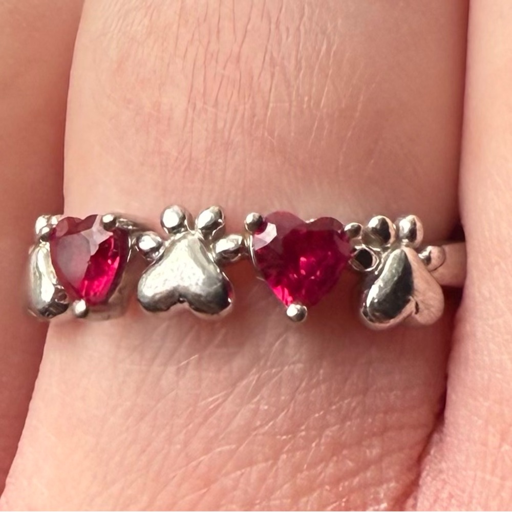 Heart and Paw Sterling Silver Ring with Red Accents